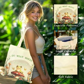 Canvas Tote Bag for Women, Cute Mushroom and Frog Tote Bag with Makeup Pouch Bag, Aesthetic Bags Gift for Women Ladies Girls Working Shopping