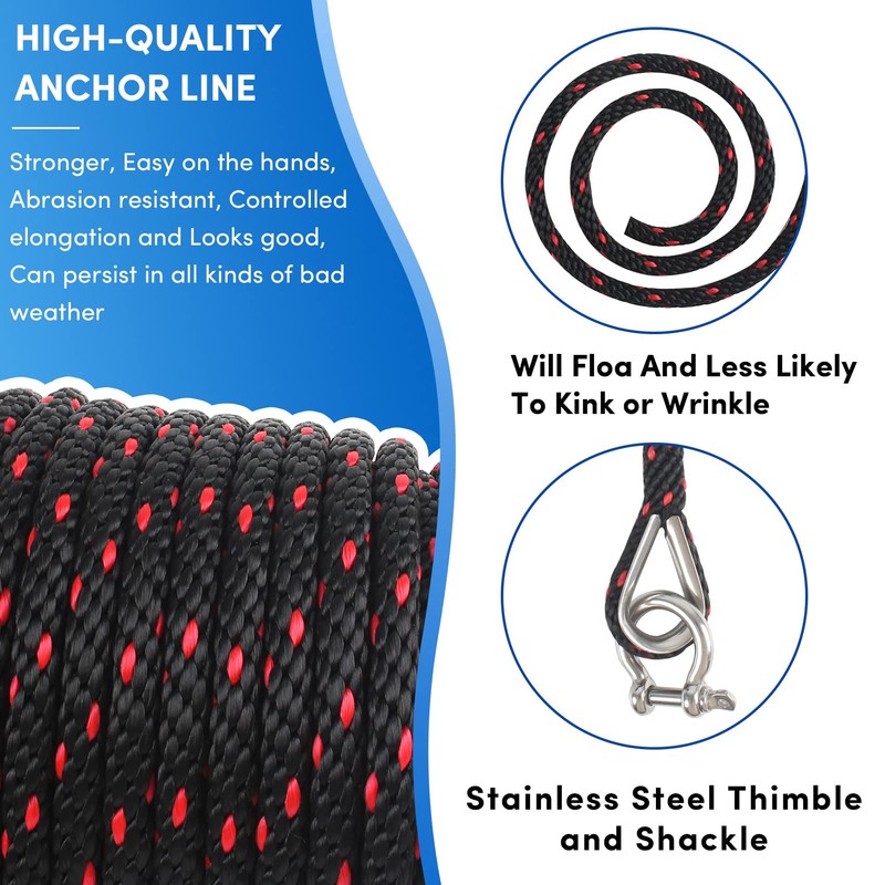Premium Anchor Rope 50 ft x 3/8 inch, Solid Braid