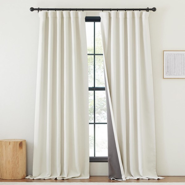 NICETOWN Faux Linen 100% Blackout Curtains for Living Room 96 inches Long, Rod Pocket/Back Tab/Hook Belt Room Darkening Noise Canceling Window Treatment for Bedroom, Natural, W50 x L96, 1 Panel