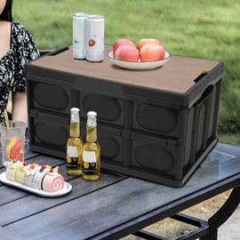 Alomejor 30L Storage Box Crate with Lid Folding Storage Box with Wooden Cover Panel for Home Outdoor(Black)