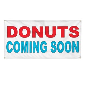 Vinyl Banner Multiple Sizes Donuts Coming Soon Red Blue Food Bar Restaurant Truck Business Outdoor Weatherproof Industrial Yard Signs 10 Grommets 60x144Inches