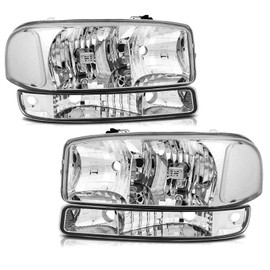 Headlight Assembly for 1999-2006 GMC Sierra 1500 2500 3500,00-06 Yukon XL Headlamp with Bumper Lights, Chrome Housing Clear