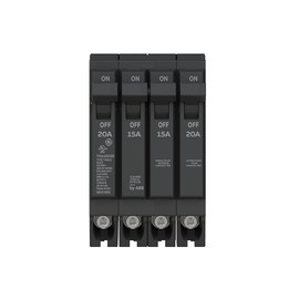 ABB Q-Line® THQLQ201520 Quad Circuit Breaker • 20A/1P & 15A/2P & 20A/1P Configuration • 120/240 VAC, 10 kAIC • Thermal Magnetic Trip • Space-Saving Plug-in Mount Type