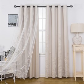 GYROHOME Double Layered Curtains with Embroidered White Sheer Tulle, Mix and Match Curtains Room Darkening Grommet Top Thermal Insulated Drapes,2Panels,52x96inch,Beige