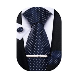 DiBanGu Juego de gemelos cuadrados con corbata de seda y bolsillo para hombre, Azul Marino Puntos Blancos, Talla única