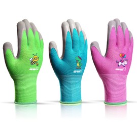 KDK Ages 3-5 Kids Gardening Gloves ,Yard Work Gloves for Toddlers, Youth, Girls, Boys, Childrens, Soft Safety Rubber Gloves (Small Age 3-5, 3 Pairs Green, Blue&Pink)