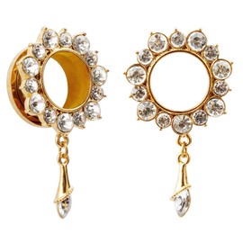 KUBOOZ Gemme Flower Drop Eyelets Gold-Plated Stainless Steel Flare Screw Return Ear Tunnel Plugs Gauge, Stainless Steel, Stainless Steel