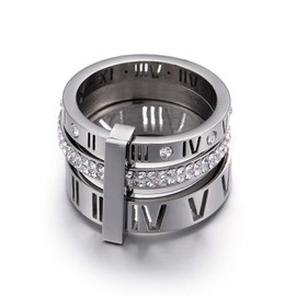 PAMTIER Women's Stainless Steel with Cubic Zirconia Roman Numerals 3 in 1 Ring Silver Size P 1/2