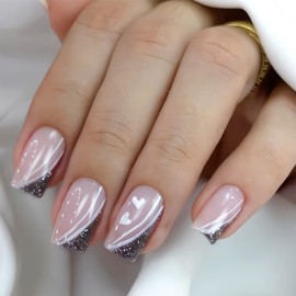 24Pcs Heart Press on Nails Short Square Fake Nails with Glitter French Tips Designs Cute False Nails Glossy Stick on Nails Pink Full Cover Glue on Nails for Women Girls