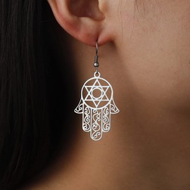 Hamsa Hand of Fatima Hexagram Earrings Star of David Evil Eye Stud Earrings Jewish Celtic Knot Woman Protection Amulet Symbol Jewellery Girl Woman, Stainless Steel, No Gemstone