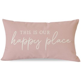 PANDICORN This is Our Happy Place Pillow Covers 12x20 Inch Modern Farmhouse Outdoor Spring Summer Decorations Pink Lumbar Decorative Throw Pillows Cases for Home Living Room Couch Decor