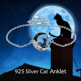 VONALA Mountain Moon Cat Anklet for Women 925 Sterling Silver Black Cat Jewelry Moonstone for Cat Lover