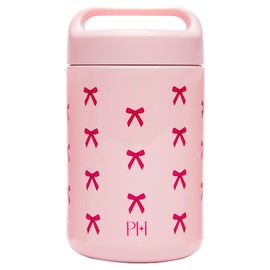 Paris Hilton Stainless Steel Food Jar, Double Wall Vacuum Sealed Insulated Food Storage Container with Carry Handle Lid, 16-Ounce, Pink with Bow Design
