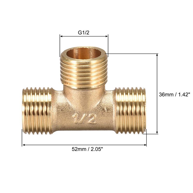 sourcing map Brass Tee Pipe Fitting G1/2 Male Thread T