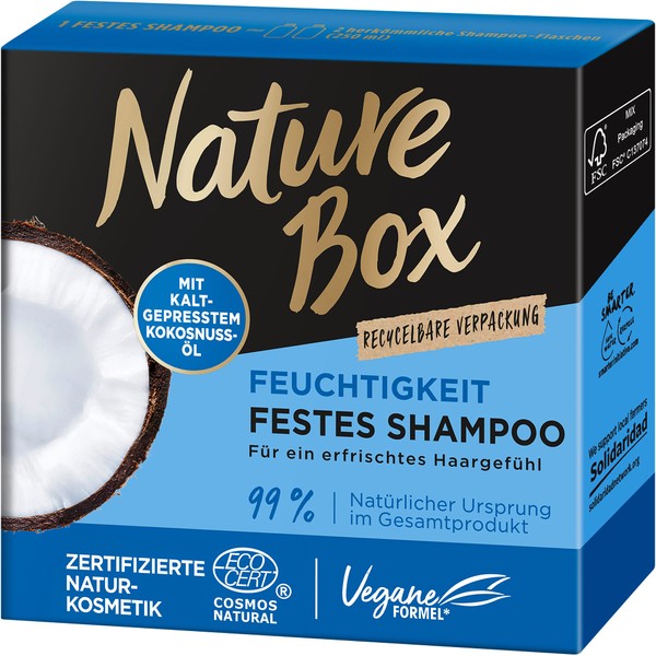 Nature Box Moisturising Solid Shampoo with Coconut Oil, Natural, Vegan Cosmetics, Pack of 1, 85 g