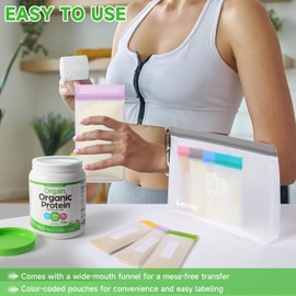 Lerine Protein Powder Travel Container Set, Reusable Protein Powder Container To Go, 21Pcs Single Dose Bags & 3Pcs Large Zip Bags, Portable Supplement Storage Containers with Funnel, Spoon
