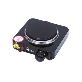 ARDES Small electric stove with 1 cast iron plate made of painted steel, diameter plate 9.5 cm with thermostat for temperature control, model TIKAPPA AR1F18, black