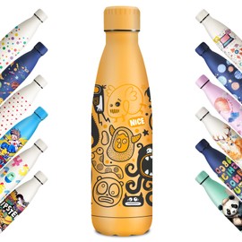 KollyKolla Stainless Steel Drinking Bottle, 500 ml, 3D Print Drinking Bottle, Sports Bottle, Suitable for Carbonated Drinks, Leak-Proof Thermos Flask, BPA-Free, Drinking Bottles for Children, School,
