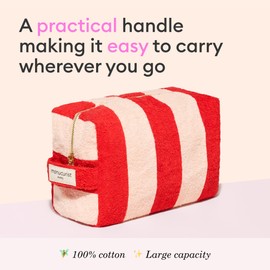 Manucurist Pink and Red Striped Terry Pouch – Women’s Toiletry Bag – Makeup Organizer – Vanity Case – 100% Cotton – Practical Handle & Zipper Closure - Travel Essentials