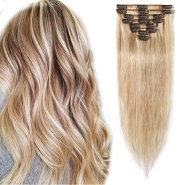 Elailite Clip in Hair Extensions Real Human Hair - 8 Pieces Thin Weft Full Head Remy Hair Straight - #18/613 Ash Blonde Mix Bleach Blonde - 8 Inch (45 g)