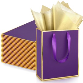 Yeaqee 24 Pack Metallic Paper Gift Bags with Handle and Tissue Paper Thank You Favor Bags for Bridal Shower Father's Day Groomsmen Wedding Birthday Baby Shower, 9 x 7 x 3.15''(Purple Gold)