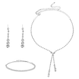 PLKDJDM Silver Rhinestone Jewelry Set Wedding Bridesmaid Jewelry Sets Necklace Bracelet Earrings Set Bridal Wedding Prom Dresses Costume Accessories for Women