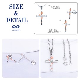 INFINIONLY Kreuz Halskette und Ohrringe für Damen und Mädchen, 925 Silber Schmuck-Sets, Silber Kreuz passt zum rose gold Blumen, Eingelegt Zirkon, Farbgalvanischer Prozess, Stilvoll Elegant