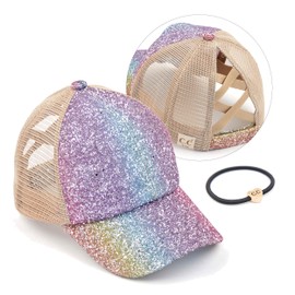 C.C Exclusives Washed Distressed Cotton Denim Criss-Cross Ponytail Hat Baseball Cap Bundle Hair Tie (KIDS-BT-931) (A Elastic Band-Crystal Ombre Mermaid-Kids)