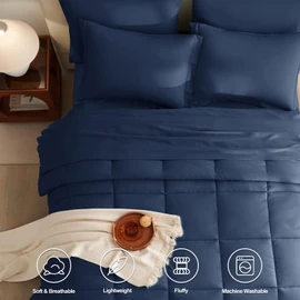 CozyLux Navy Blue Comforter Set Queen 7 Pieces Bed in a Bag Navy Blue Bedding Sets Complete Bed Set for All Season with Comforter, Flat Sheets, Fitted Sheet, Pillowcases & Shams