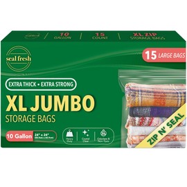 Seal Fresh 10 Gallon Large Plastic Storage Bags – 24" x 24" (15 Count) – Reusuable XXL Extra Large Heavy Duty Clear Jumbo Freezer Zip Bags with Sealable Zipper Top For Clothes, Travel, Moving