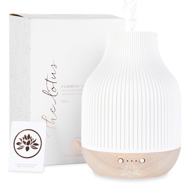 Essential Oil Diffuser Lamp, White Ceramic + Wood, Ultrasonic 180ml, Whispersoft, 4 Timers + 5 Light Settings, Auto Shut Off, Home + Office, Humidifier Air Purifier Aromatherapy