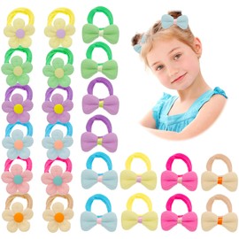 Jeffdad Baby Hair Ties for Girls, 24pcs Soft Seamless Bows and Flowers Toddler Elastic Hair Bands Ponytail Holder for Baby Girls Infants Kids Hair No Damage Accessories