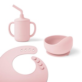 Ergobaby Children's Basic Tableware Set for Babies and Toddlers from 6 Months, Baby Tableware Set with Cup, Bowl and bib, Without BPA, PVC and phthalates, Blush Pink