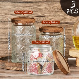 Gerrii 3 Pcs Glass Food Storage Containers 17/24/34 oz Vintage Glass Jar with Lid Begonia Pattern Glass Airtight Candy Jar Food Jars Canisters for Kitchen Counter Pantry Coffee Tea Beans (Round)