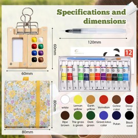 Yamobi Mini Painting Box Watercolour Set, Portable Watercolour Palette Set with Watercolour Paper Journal, Watercolour Brush Pen, Clip, Portable Nano Palette for Watercolour, Mixing Palette Wood
