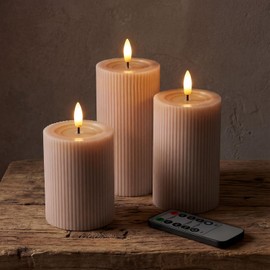 West Ivory Fluted Ribbed LED Pillar Candles, Blush Beige, with Reflective Melted-Wax Effect – Flickering Flame, Remote, Dimmable, Flameless, Battery Operated, Home & Wedding Decor (Set of 3)
