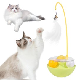 Auktransceler Interactive Cat Toy, Fluorescent Yellow, 3-in-1 Self-Employment with Feather Angel, Catnip & Double Balls, 360° Wobble Base for Kittens and Adult Cats