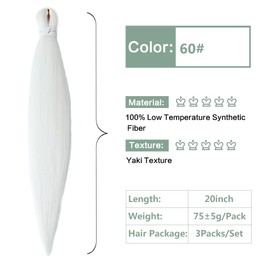 YDDM Pre Stretched Braiding Hair Extensions, 20 Inches, Pack of 3, Synthetic Hair Braids, White Hair Extensions, Synthetic Hair for Braiding Extension for Braids, Jumbo Braids Hair (20 Inches, 60#)