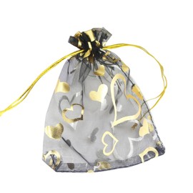 QIANHAILIZZ 100 pcs 3.5 x 4.7 Inch Flower Heart Organza Jewelry Gift Pouch Candy Pouch Drawstring Wedding Favor Bags X92 (black gold heart)