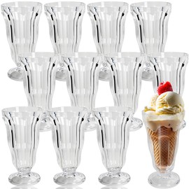 Medanera 12 Pack Plastic Milkshake Glasses 13.5 oz Old Fashioned Fountain Soda Glass Acrylic Clear Footed Ice Cream Cups for Christmas Juice Sundae Beer Dessert Milk Tropical Drinks Party