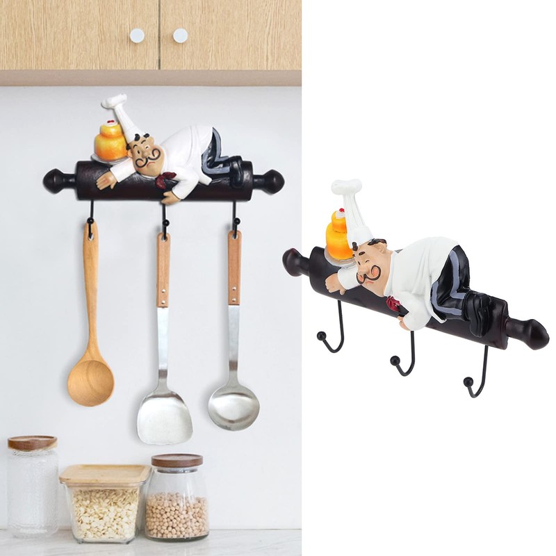 Jwthee Cute Chef with Bread Figurine Wall Hooks, Fat Chef