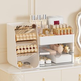 FYABREEK Makeup Organizer with 2 Large Drawers & Brush Holders - Cosmetic Storage Case for Vanity, Bathroom Countertop & Desk - Skincare & Office Supplies Organizer (White, M)