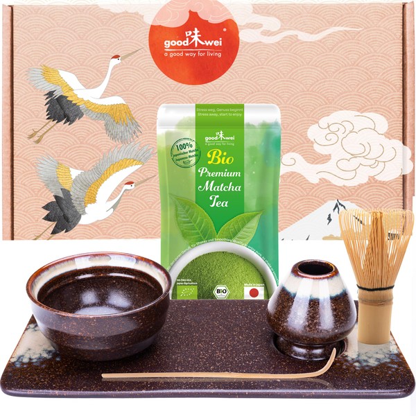 Goodwei Matcha Set of 6 (Kumo) Including Organic Matcha and Tea Tray, Ceramic, 180 ml