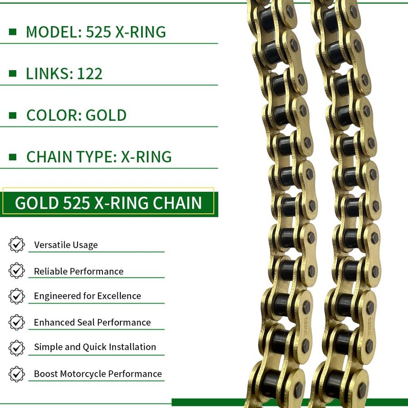 WEICHENGXIN Gold 525 X-Ring Chain 122 Links Motorcycle Chain with