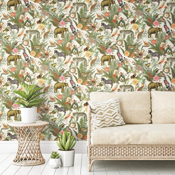 RoomMates RMK12239WP Tropical Zoo Peel and Stick Wallpaper, Green