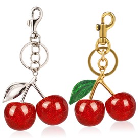 Wincredulous 2pcs Cherry Charms Keyrings,Red Cherry Charms+ Green Silver Leaf Keyrings,Cherry Bag Charm,Cute Cherry Charm Handbag,Purse,Earphone Case Charms