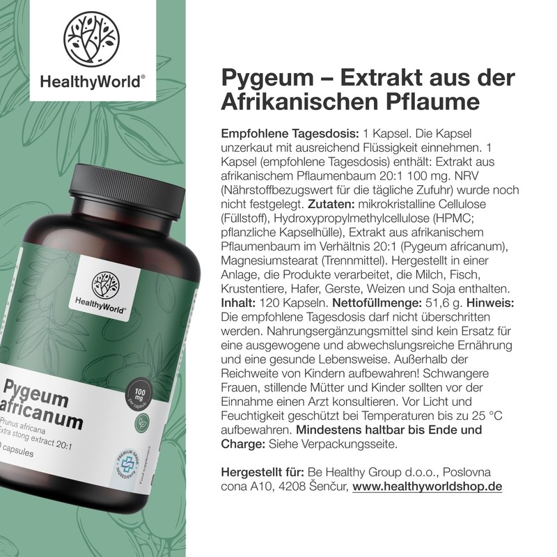 HealthyWorld Pygeum - African Plum Extract (Pygeum Africanum) - 100mg