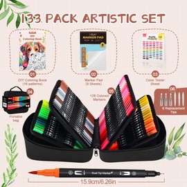 Dual Brush Marker Pens,128 Colors Art Markers Set with Fine & Brush Tip for Kids Adult Coloring Book, Bullet Journaling, Drawing, Note Taking, Planner, Hand Lettering, Calligraphy, Art Supplies Kit