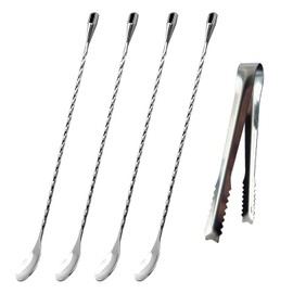 4 Pieces Mixing Spoons, 1 Piece Ice Clip, Long Spoon, Cocktail Spoon, Long Handle Spoon, Cocktail Drink Stirrer, Stainless Steel Mixing Spoon, Coffee Accessories