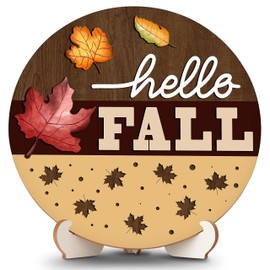 Hello Fall Wooden Sign Decor with Stand, Maple Leaves Table Signs for Autumn Desk Centerpieces, Thanksgiving Wood Decorations for Home Room Kitchen Tabletop Decor -A06